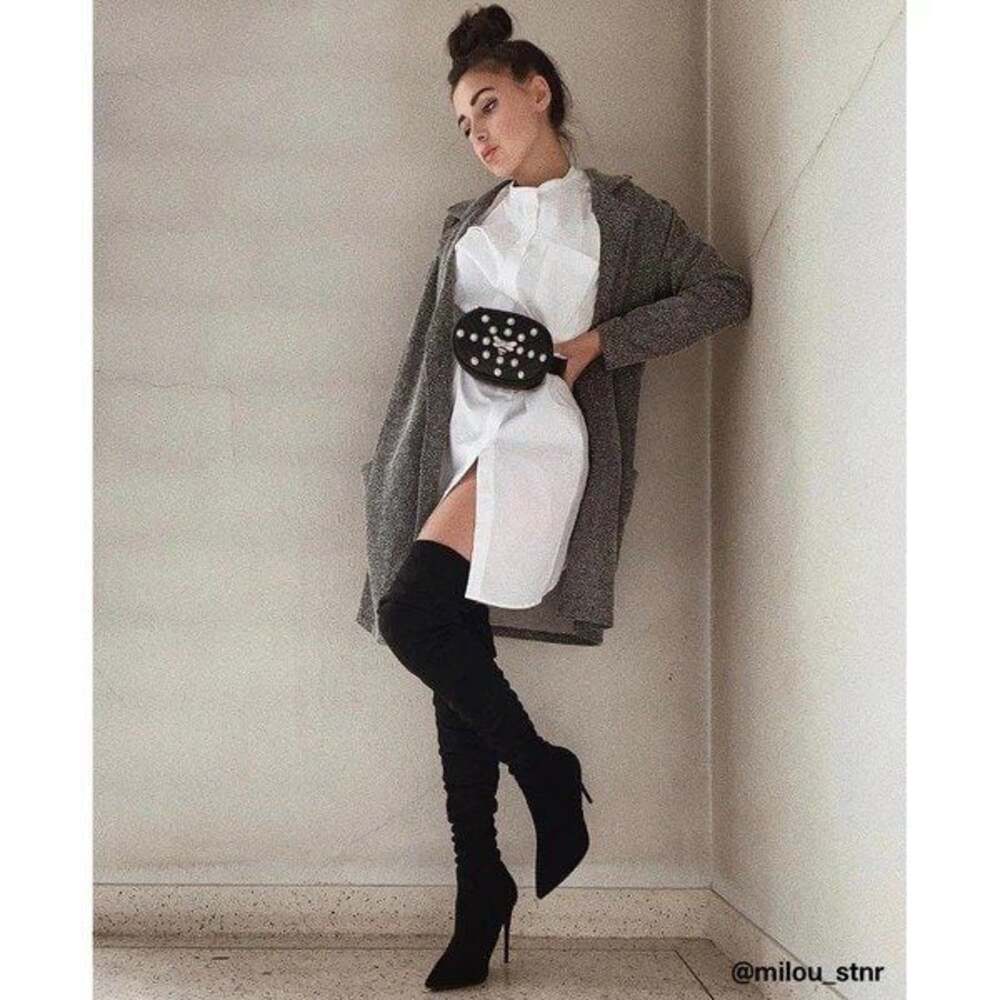 Steve Madden Dominique Black Micro Suede Thigh High Pointed Toe Stiletto Boots